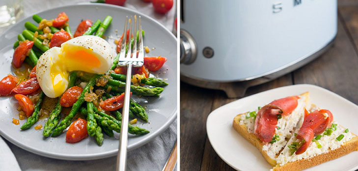 La idea de un almuerzo de verano: tostadas con salmón y una ensalada de espárragos calientes