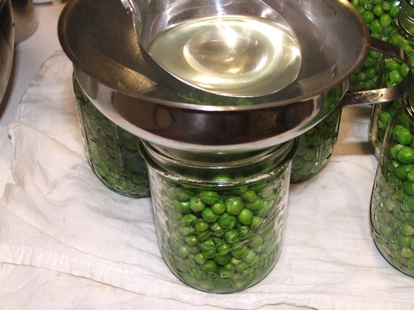Guisantes verdes, enlatados para el invierno en casa