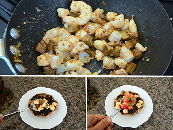 Champiñones a la parrilla con relleno de tomate y camarones, deliciosa receta